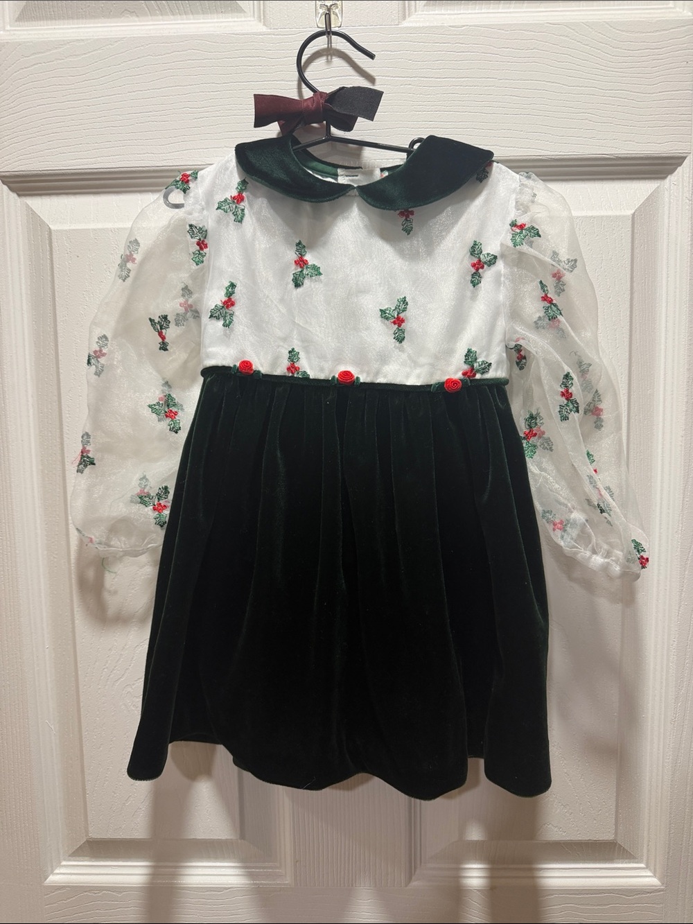 Youngland Green Velvet and White Embroidered Mesh Holiday Dress